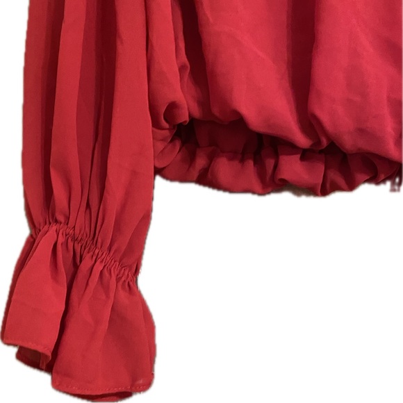 Ruby Red Ruffle-Sleeved Rhinestone Blouse - Picture 6 of 8